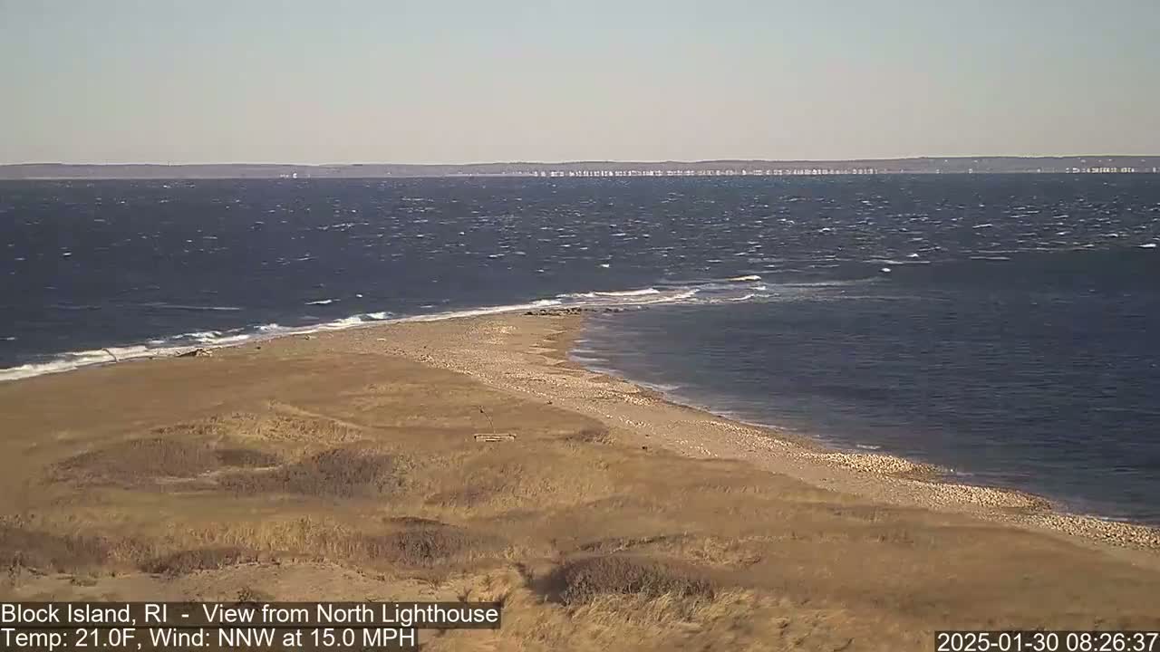 A windy, 21-degree Fahrenheit day shows a sandy shoreline meeting a choppy sea.