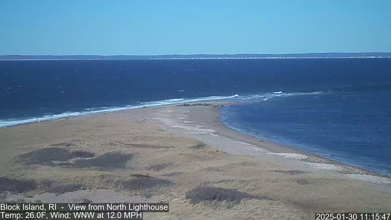 A sandy, grassy point of land juts into a blue ocean with small waves under a clear blue sky.