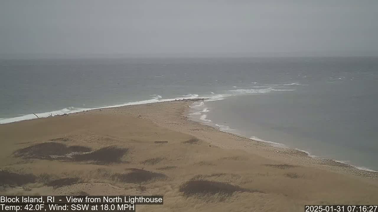 A sandy beach meets a gray, choppy ocean under an overcast sky.