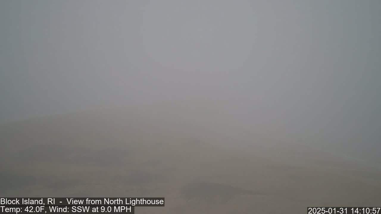 A foggy landscape is visible, with a temperature of 42°F and a south-southwesterly wind at 9.0 mph.