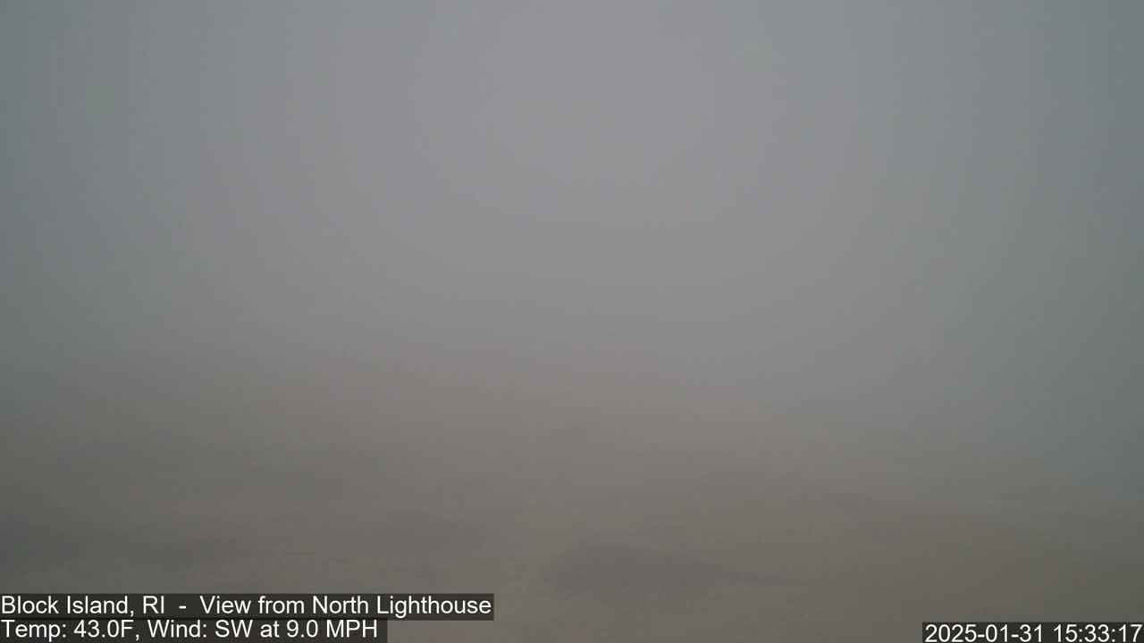 A very foggy, gray landscape is visible, with a southwest wind blowing at 9 mph and a temperature of 43 degrees Fahrenheit.