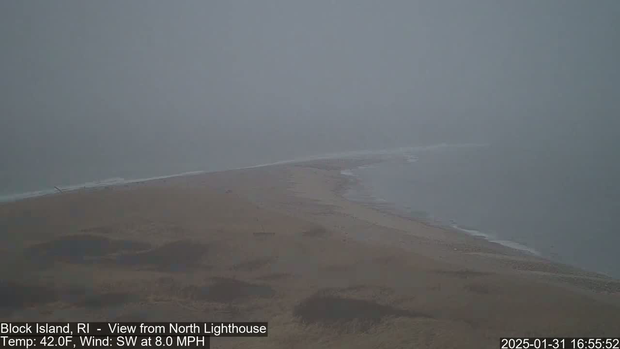 A foggy beach scene shows a sandy shore meeting a calm, gray ocean under overcast skies.