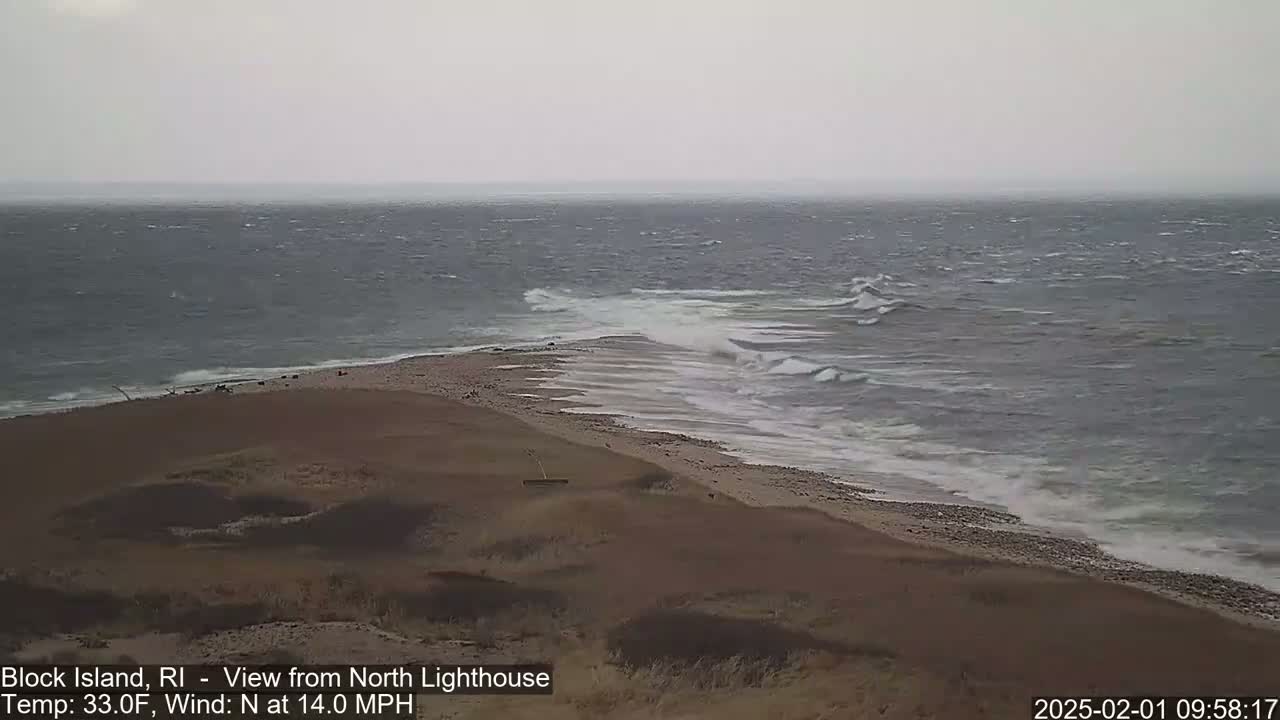 A windy, 33°F day shows choppy waves crashing on a sandy beach at the edge of a dune-covered landmass.