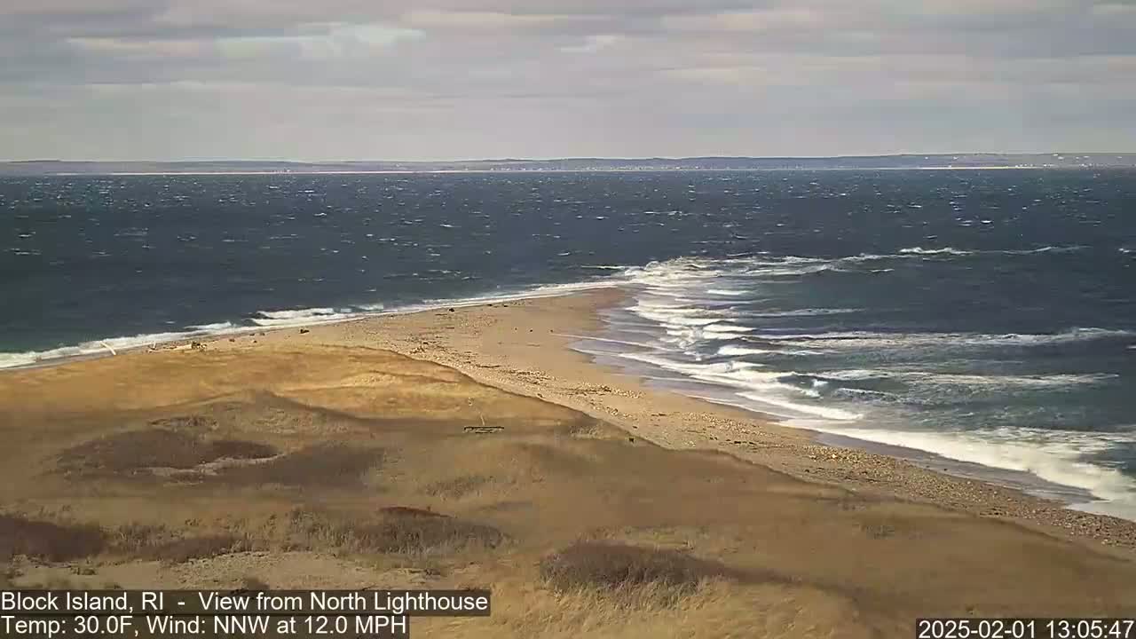 A sandy beach with dunes meets a choppy ocean under a cloudy sky.