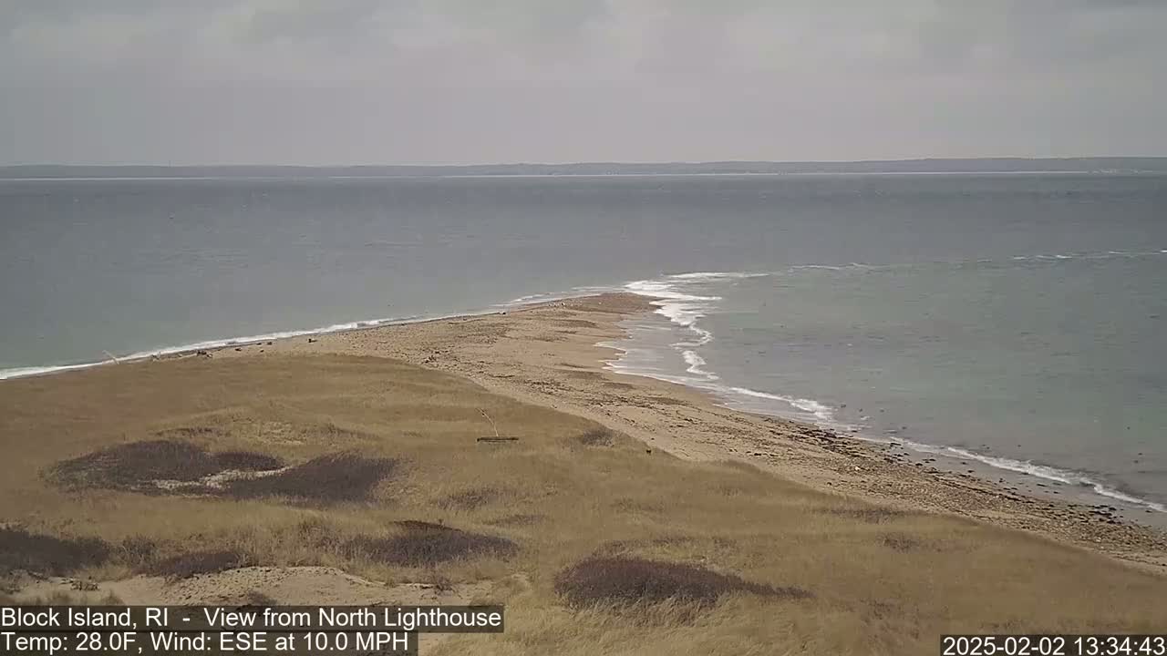A sandy shoreline curves into the ocean under an overcast sky with a 10 mph wind.