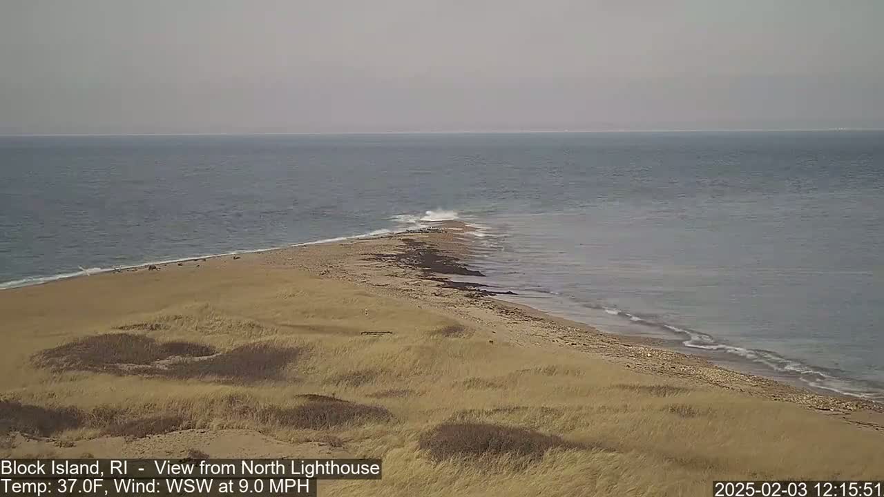 A sandy, grassy point of land juts into a calm, gray ocean under an overcast sky.