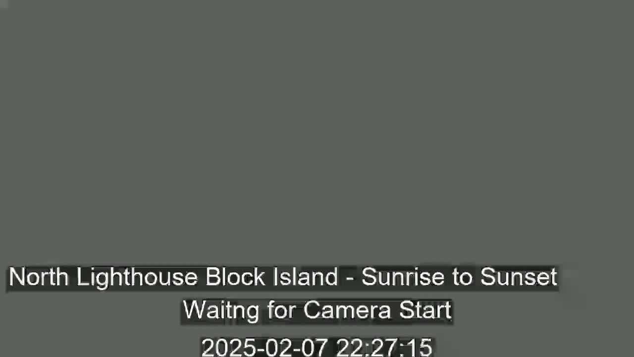 A solid dark gray screen displays a message indicating that a camera is waiting to start recording a sunrise-to-sunset view of North Lighthouse Block Island.