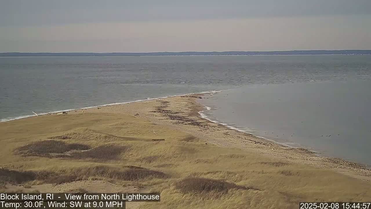 A sandy beach and grassy dunes extend into a calm, gray ocean under an overcast sky.