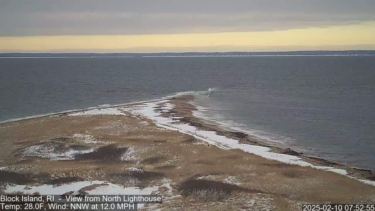 A snow-dusted beach and grassy dunes meet a somewhat choppy ocean under an overcast sky.
