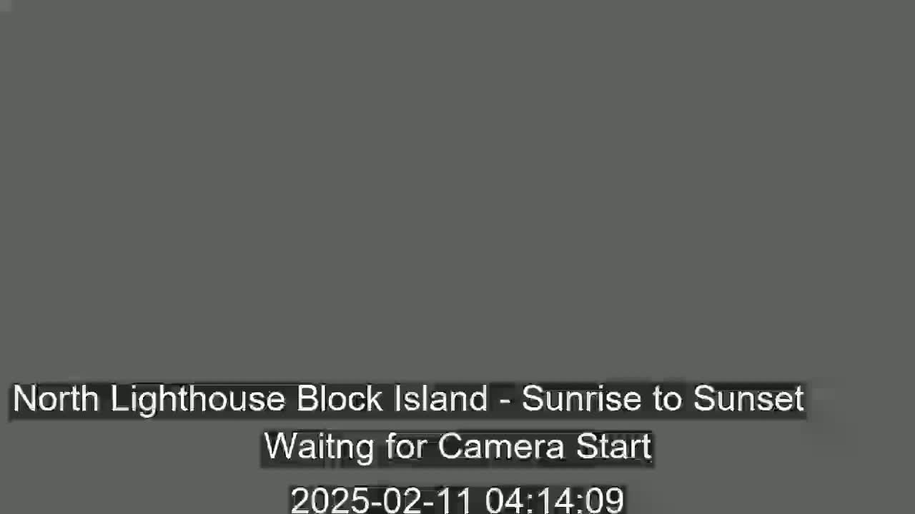 A dark gray screen displays a message indicating that a camera is waiting to start recording a sunrise-to-sunset view of North Lighthouse Block Island.