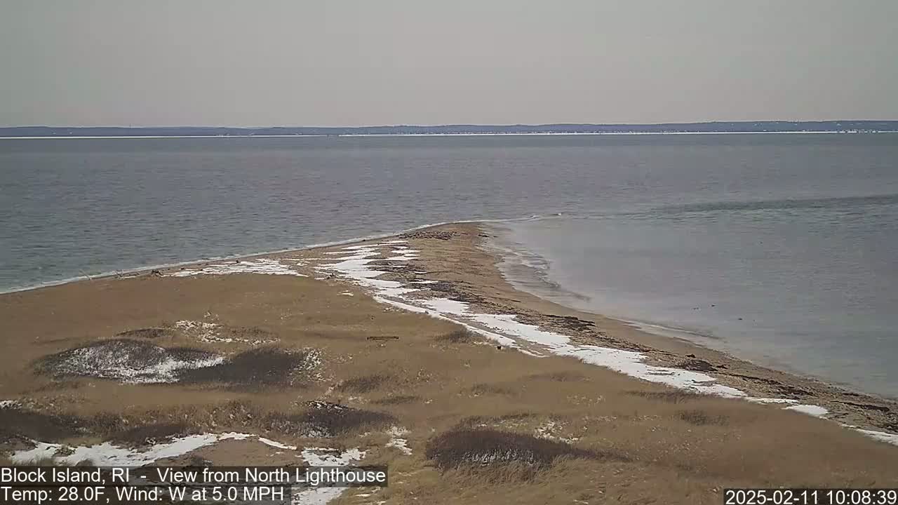 A sandy beach with patches of snow meets a calm, gray ocean under a hazy sky.