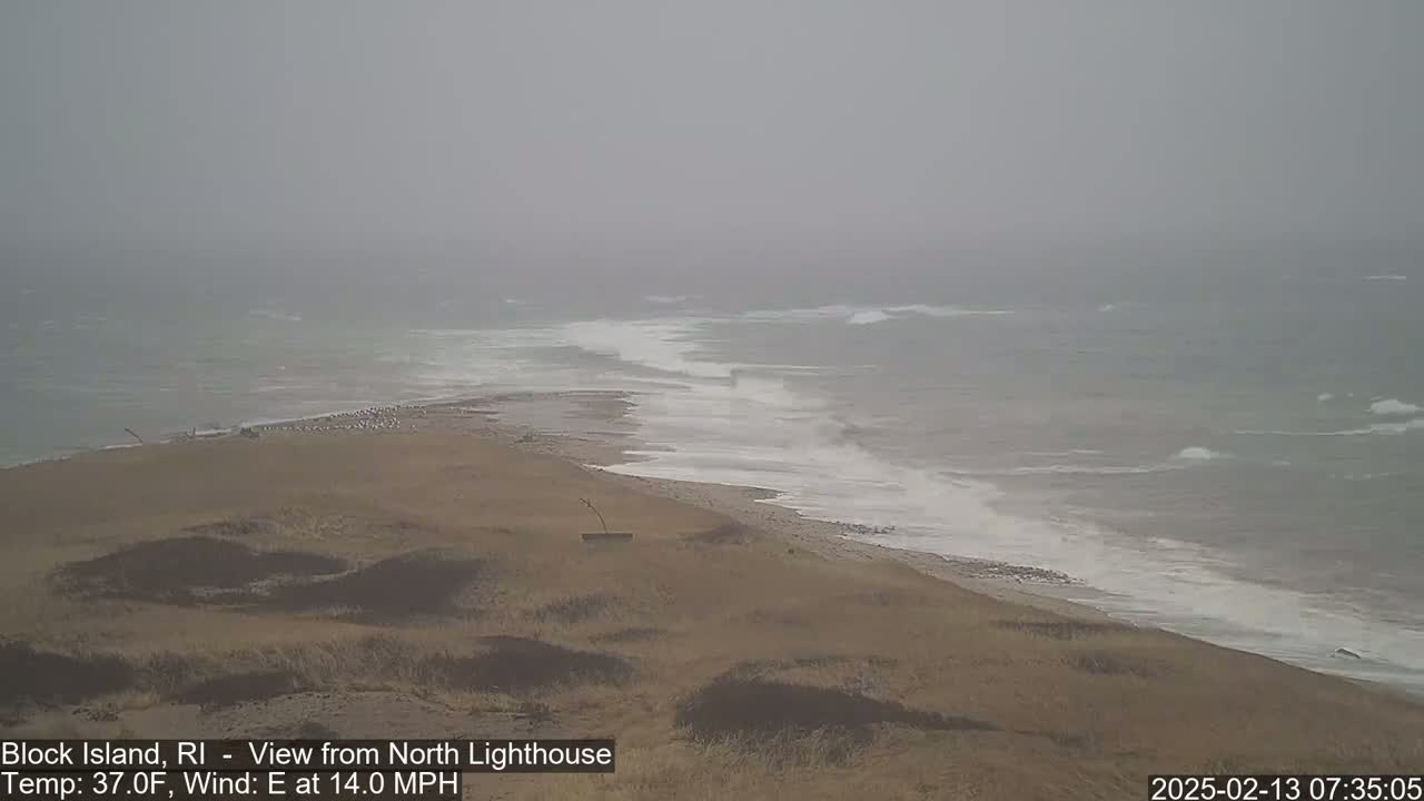 A hazy, windy day shows a sandy beach meeting a gray ocean with white-capped waves.