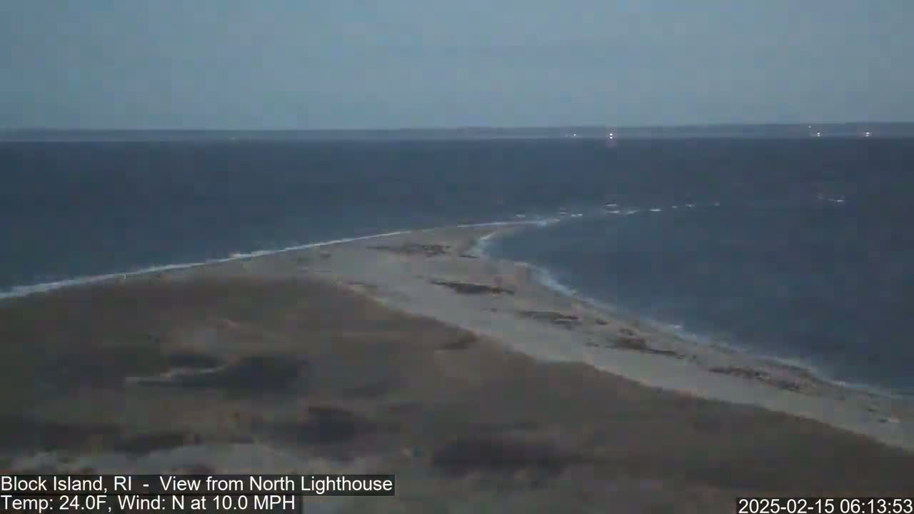 A sandy, narrow spit of land juts into a dark, choppy sea under a gloomy sky, with a 10 mph north wind and a temperature of 24°F.