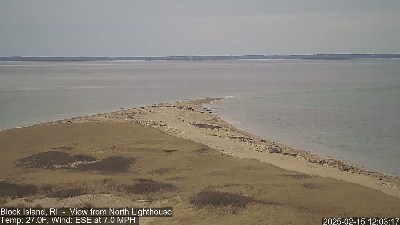 A sandy, grassy spit of land juts into a calm, light-grey ocean under an overcast sky.
