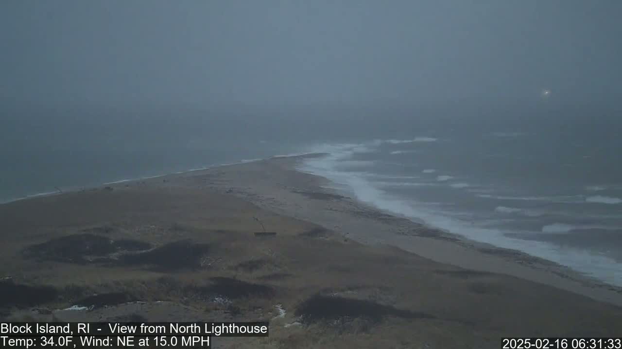 A hazy, overcast view shows a sandy coastline meeting a choppy ocean under a gray sky.