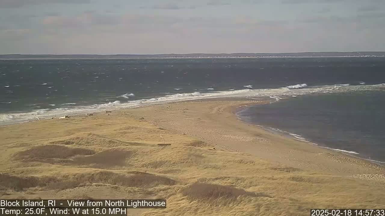 A windy, 25°F day shows a sandy beach and dune landscape meeting a choppy ocean with small waves.