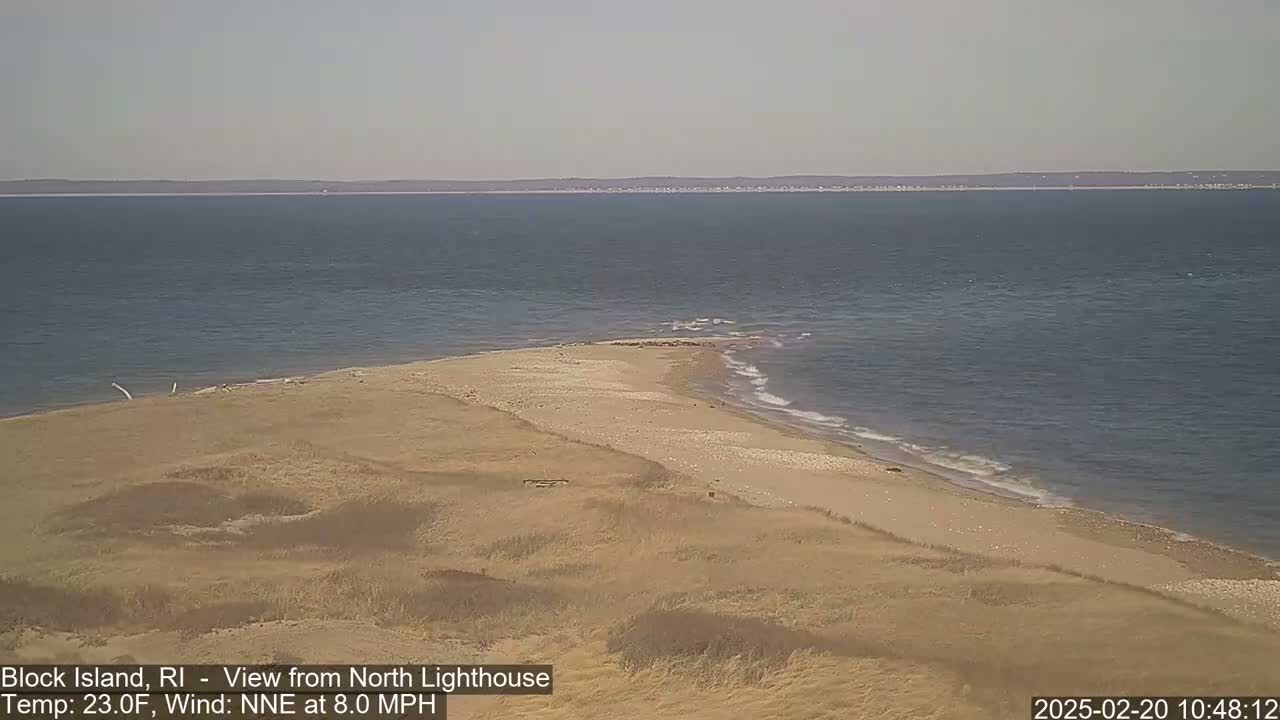 A sandy beach and dunes meet a calm ocean under a clear sky.