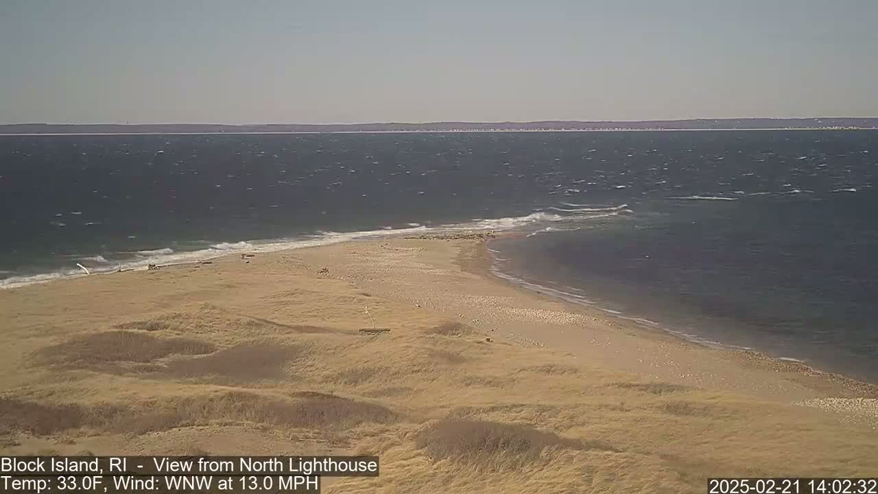 A windy, 33°F day shows a sandy beach with a narrow strip of land extending into a choppy sea.