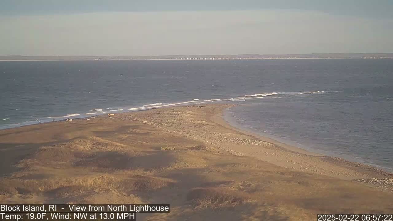 A sandy beach and grassy dunes meet a calm ocean under a clear sky.