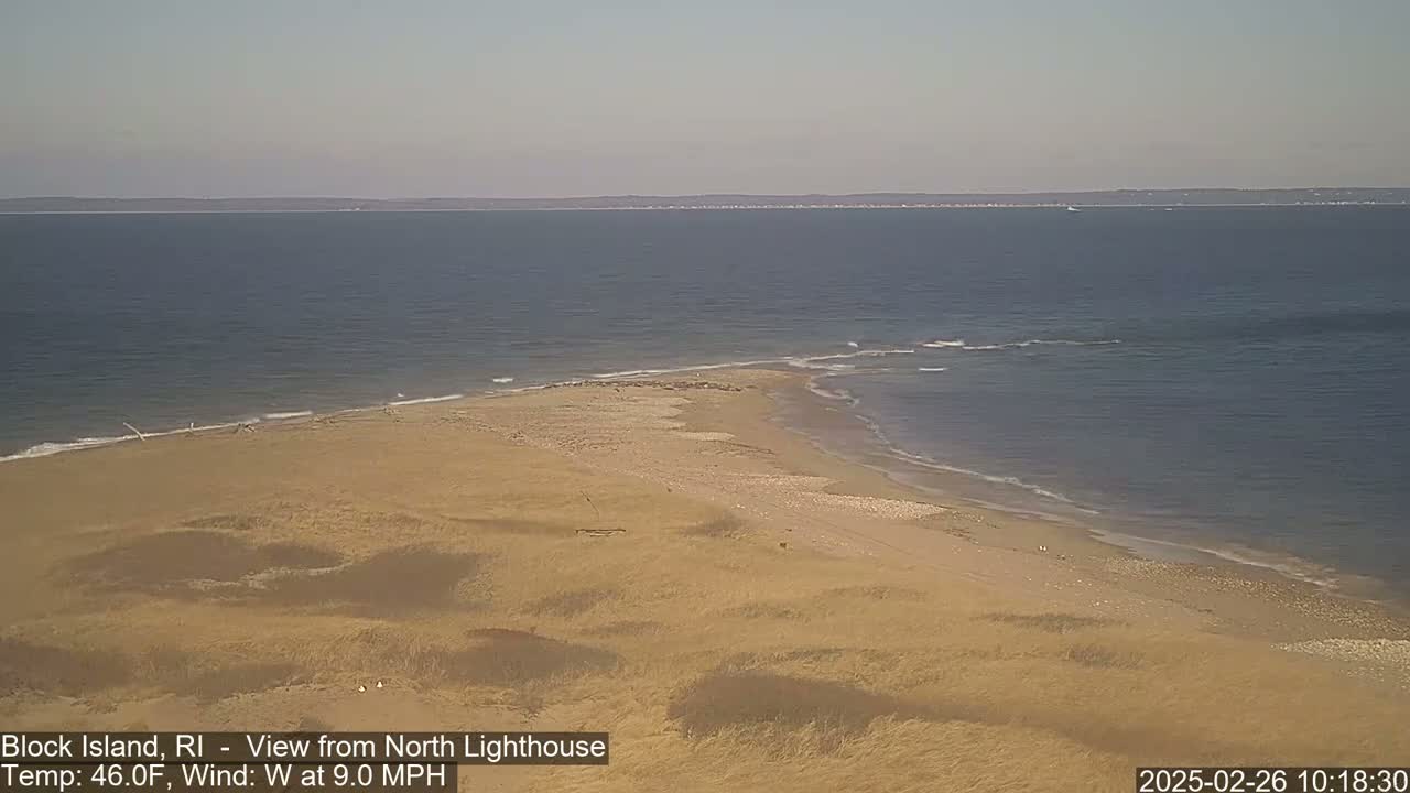 A sandy beach and dune landscape meet a calm ocean under a clear sky.