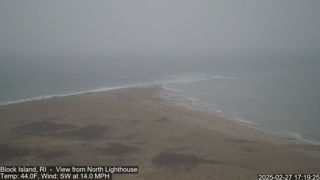 A foggy beach scene shows a sandy shoreline meeting a gray ocean under overcast skies.