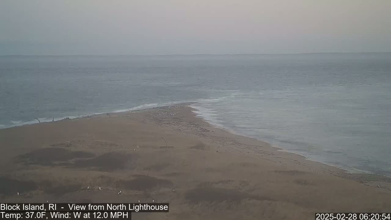 A sandy beach meets a calm, gray ocean under an overcast sky with a 12 mph westerly wind.