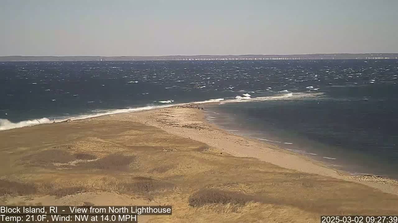 A sandy, grassy shoreline meets a choppy, dark blue sea under windy conditions.