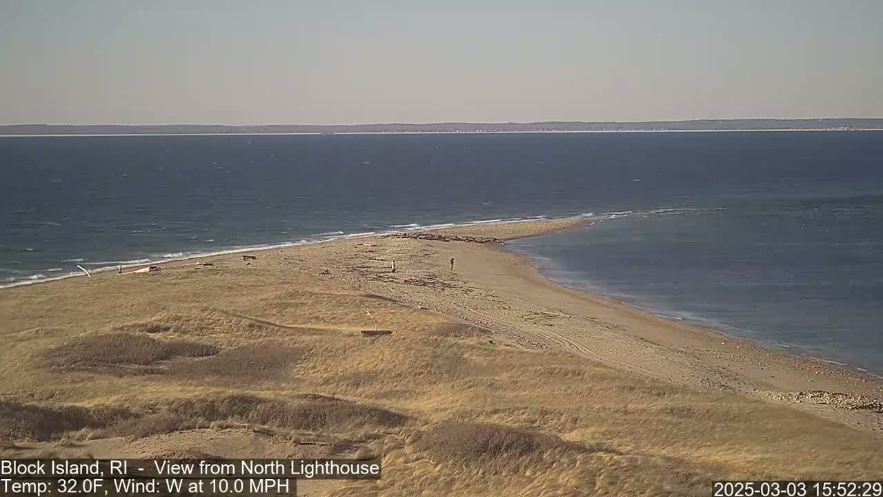 A sandy beach curves into a calm, blue ocean under a clear sky with a 10 mph westerly wind and a temperature of 32°F.