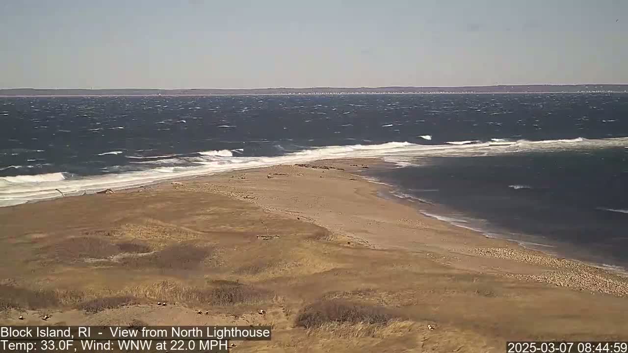 A sandy beach and dune landscape meet a choppy ocean with moderate waves under a mostly clear sky.