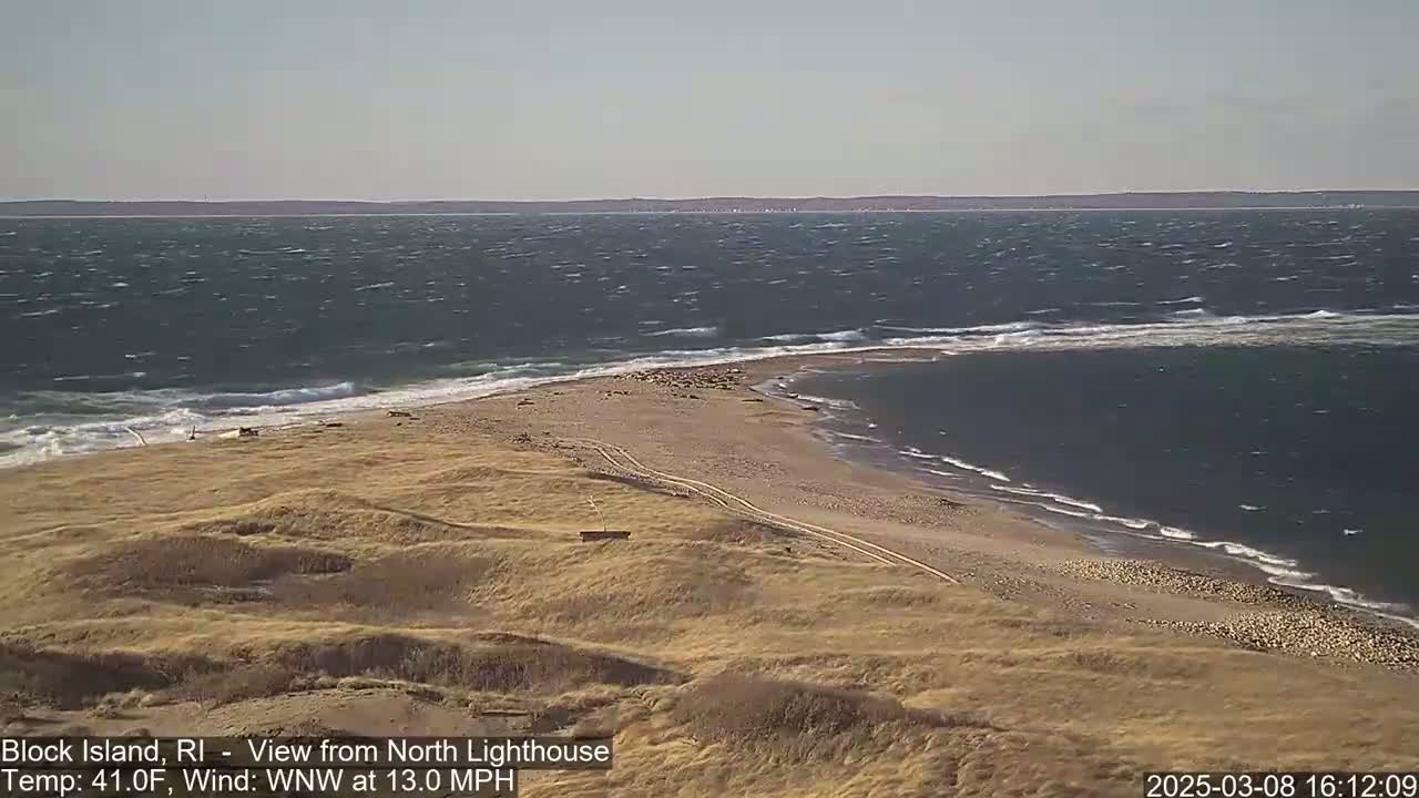A sandy beach and dune landscape meets a windy, choppy ocean under a mostly clear sky.