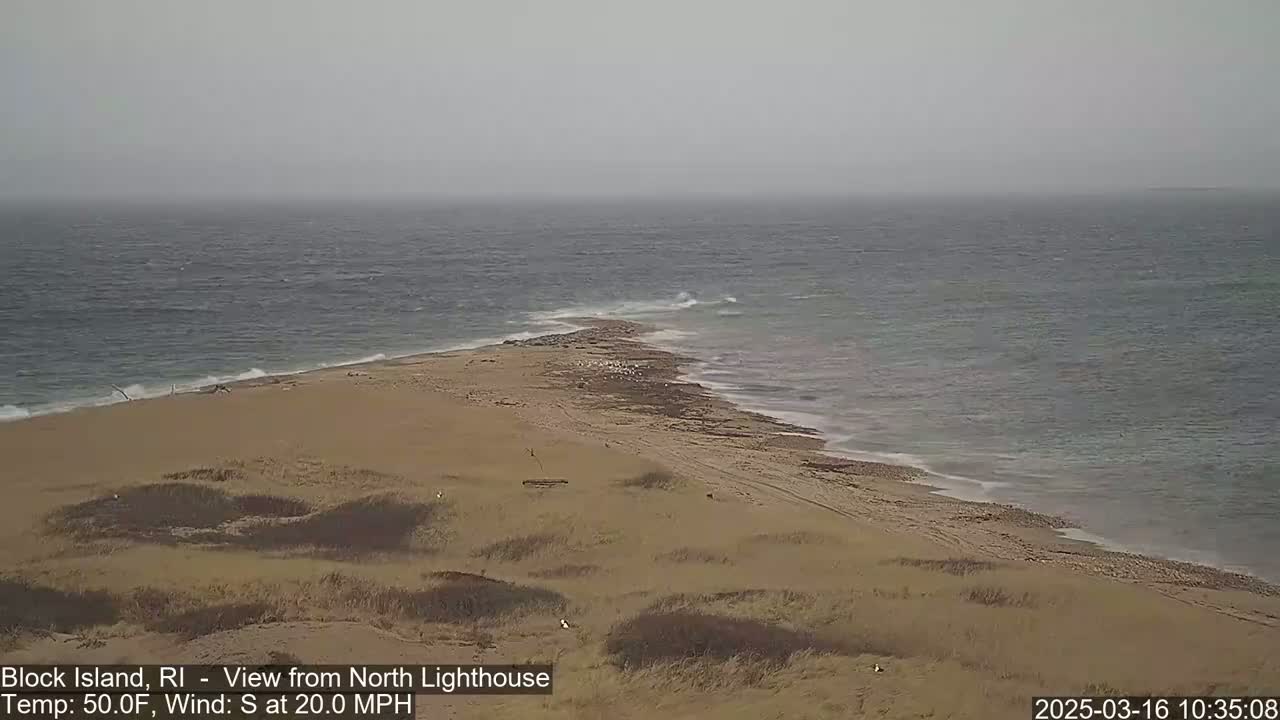 A sandy beach and ocean meet at a point, with a 20 mph south wind and a temperature of 50°F.