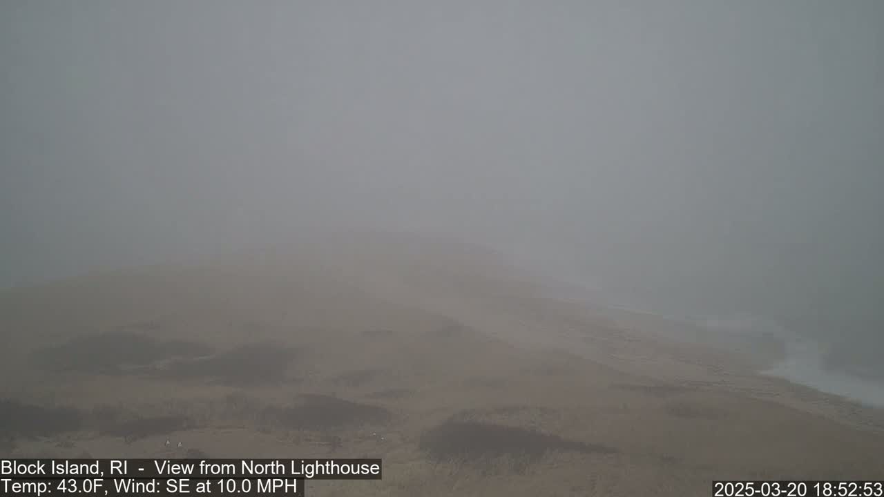 A foggy beach scene is visible, with a tan shoreline and a gray ocean barely discernible in the distance.