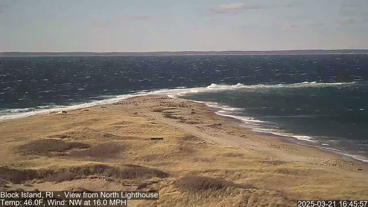 A sandy beach and dune landscape meet a choppy ocean with waves under a partly cloudy sky.