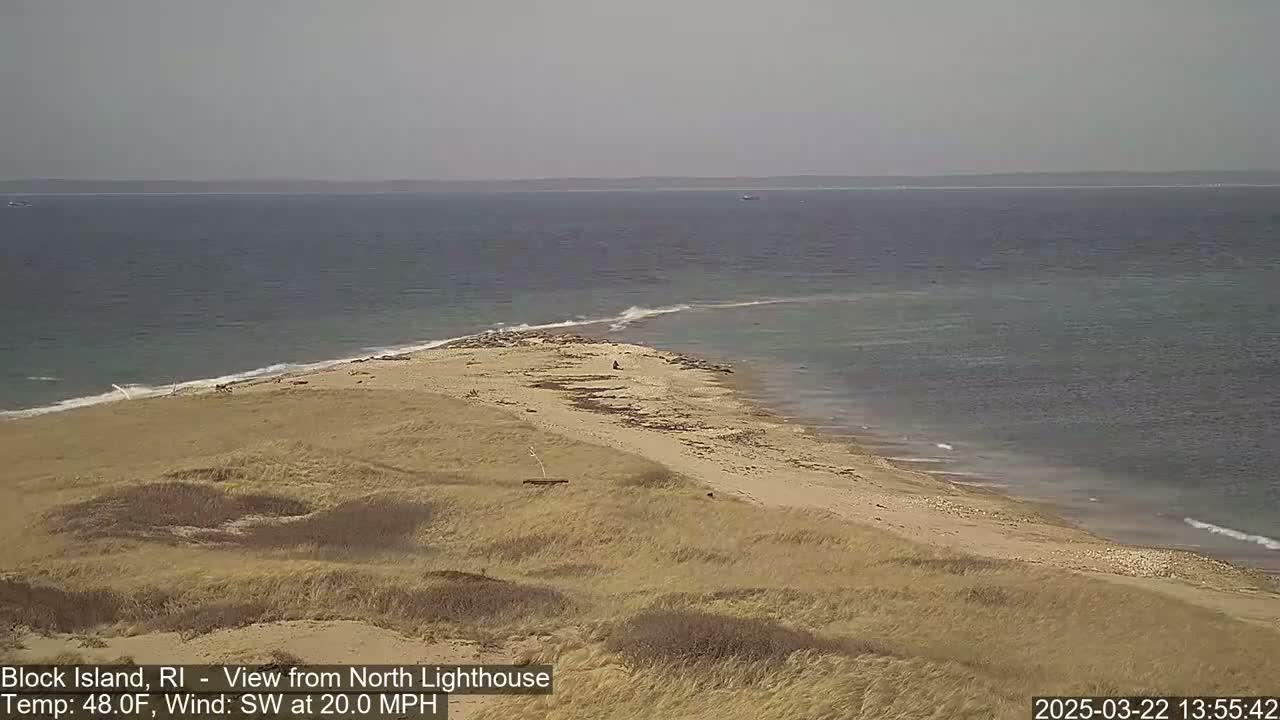A sandy, dune-covered point of land juts into a gray-blue ocean under an overcast sky, with a 20 mph southwest wind.