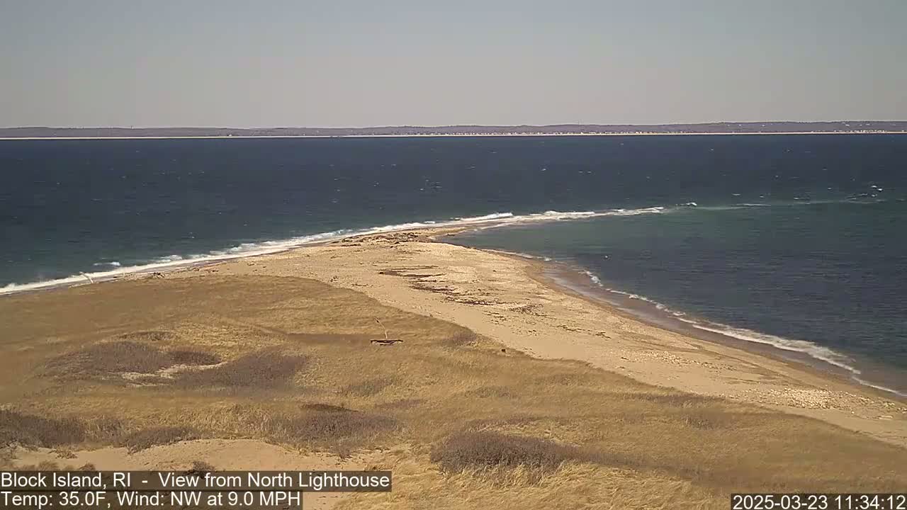 A sandy, grassy shoreline curves into a blue ocean with small waves under a clear sky.
