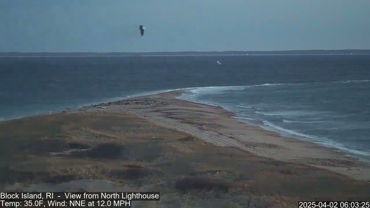 A sandy beach curves into a dark blue ocean under a mostly clear sky, with a 12 mph wind from the north-northeast.
