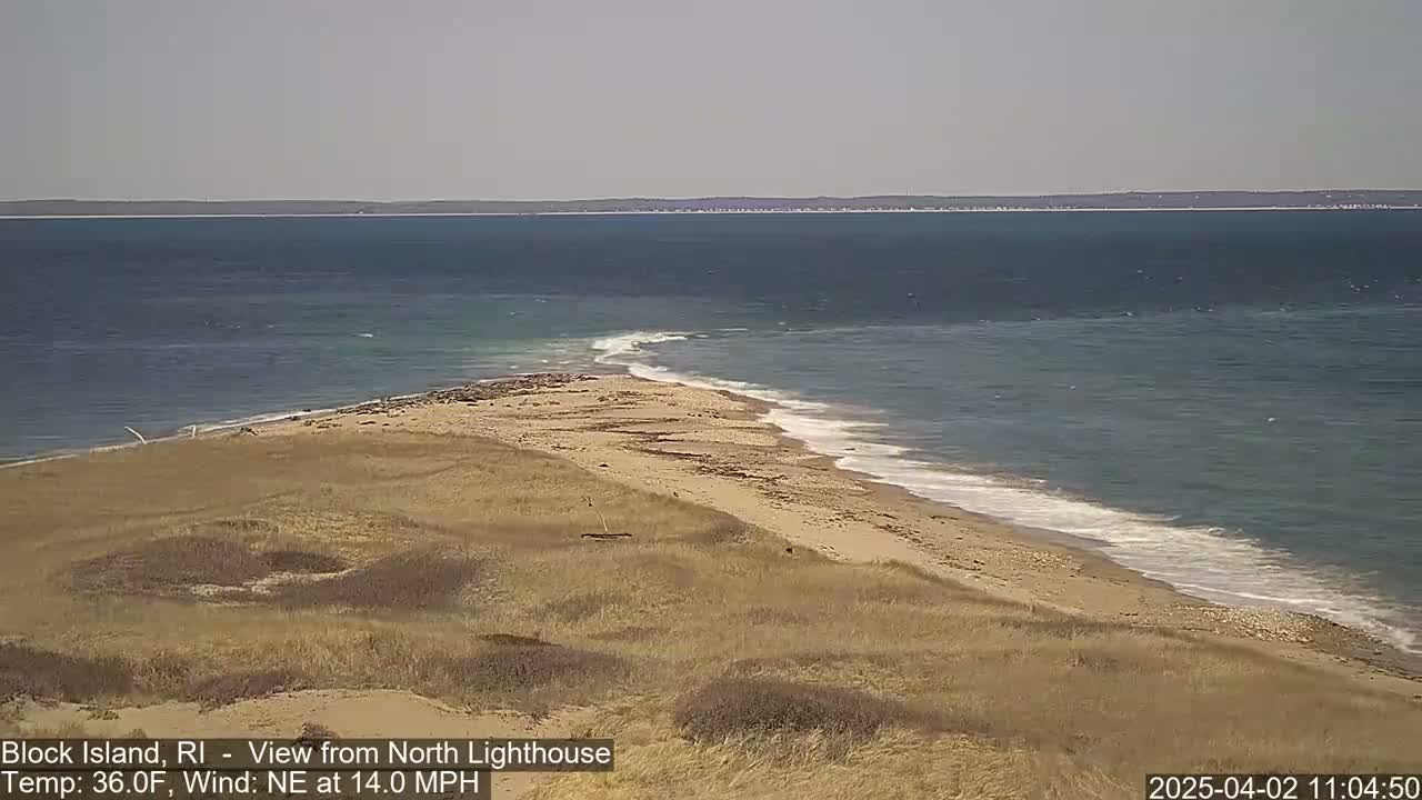 A sandy beach with small waves laps the shore on a partly cloudy day with a northeast wind at 14 mph and a temperature of 36 degrees Fahrenheit.