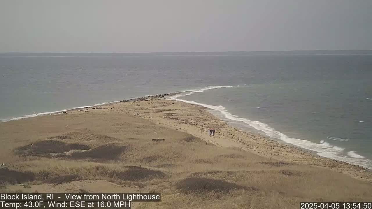 A sandy beach with two people walking along the shore meets a calm sea under an overcast sky, with a moderate wind blowing.