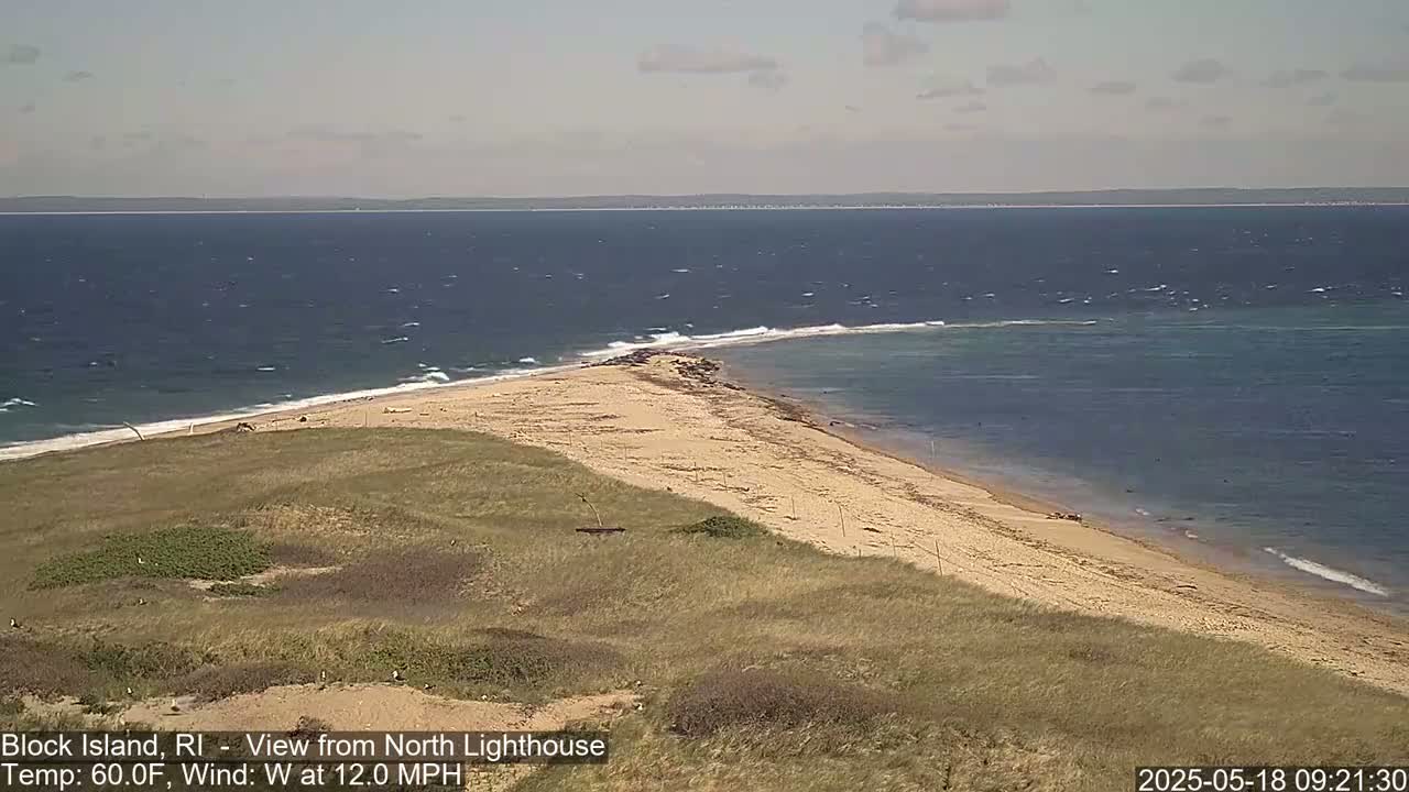 A sandy, grassy point of land juts into a windy, blue ocean with small waves.