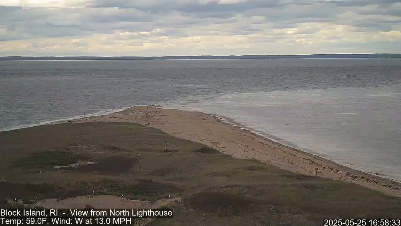A sandy beach curves into a calm, gray body of water under a partly cloudy sky.