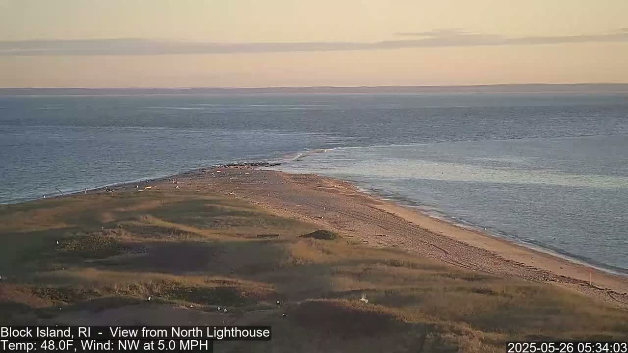 A sandy beach and grassy dunes extend into a calm ocean under a pale, mostly clear sky.