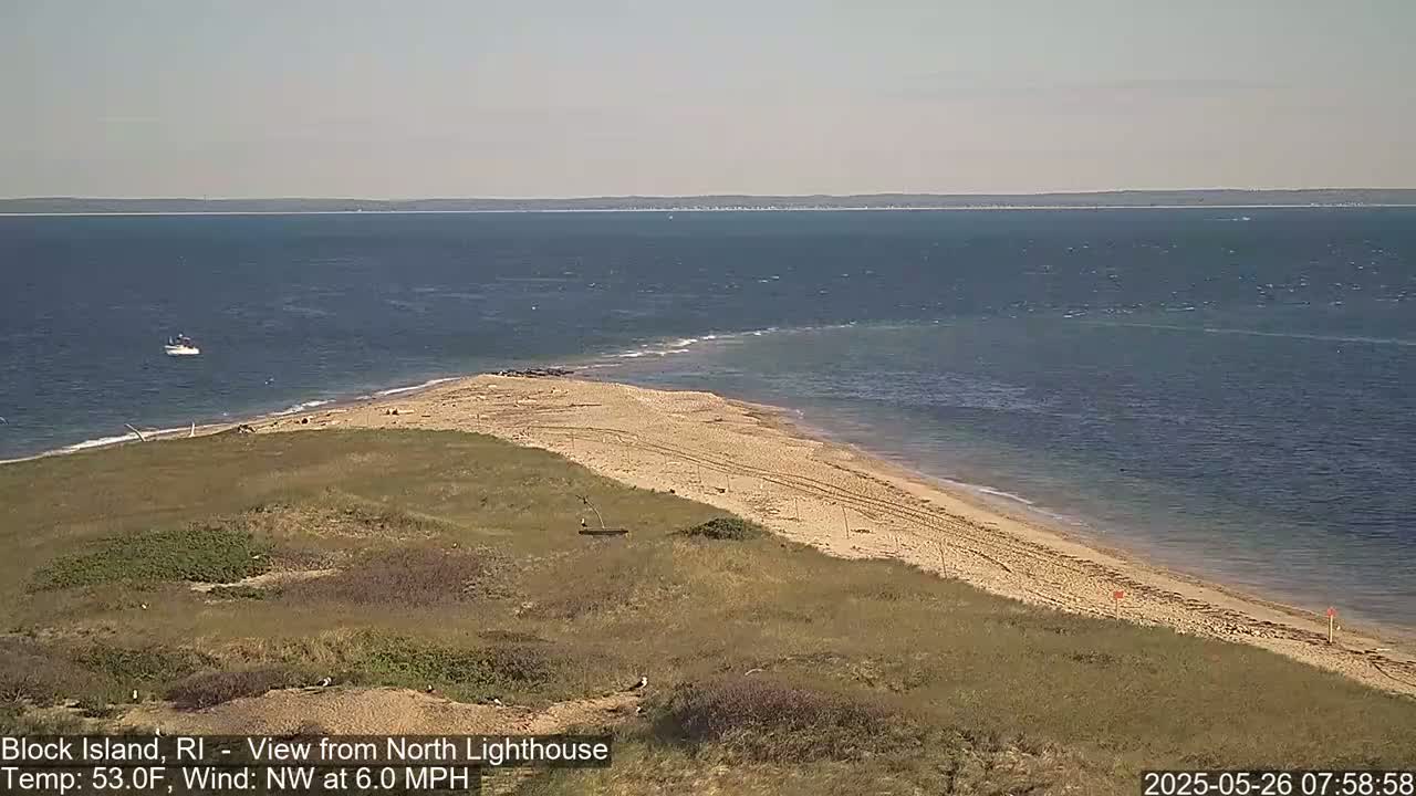 A sandy beach curves into a calm, blue ocean under a clear sky, with a small boat visible in the distance.