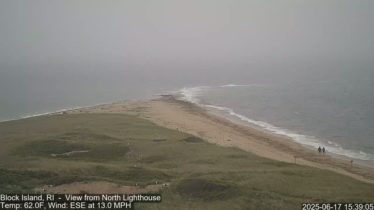 A foggy coastal scene shows a sandy beach curving into a calm sea, with two people walking along the shore.