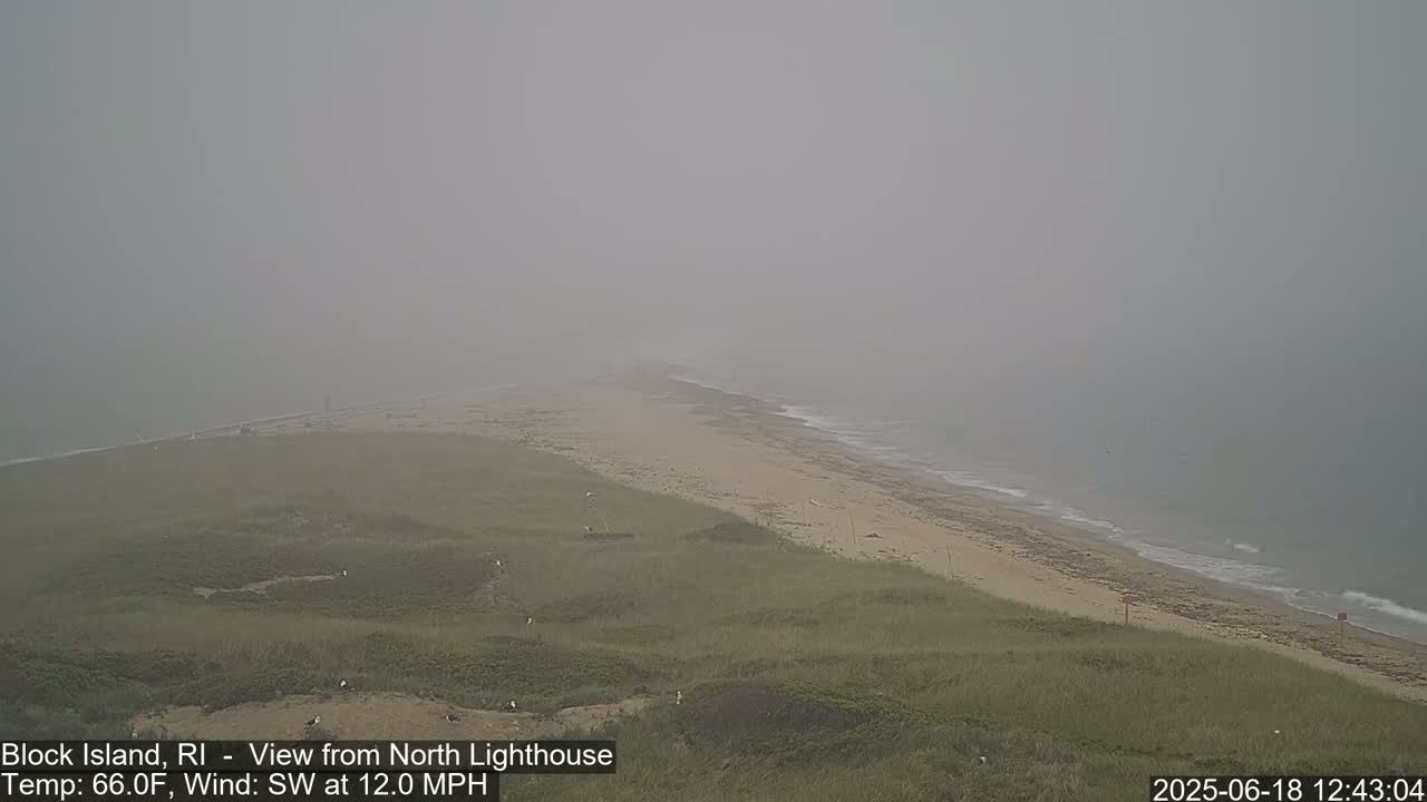 A foggy view shows a sandy beach meeting a calm ocean, backed by grassy dunes.