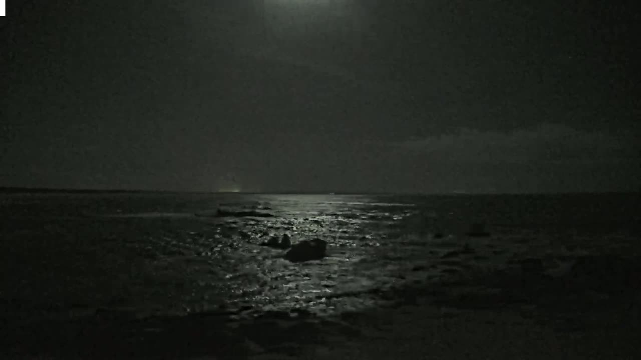 A moonlit ocean with dark, rocky shores under a mostly clear night sky.