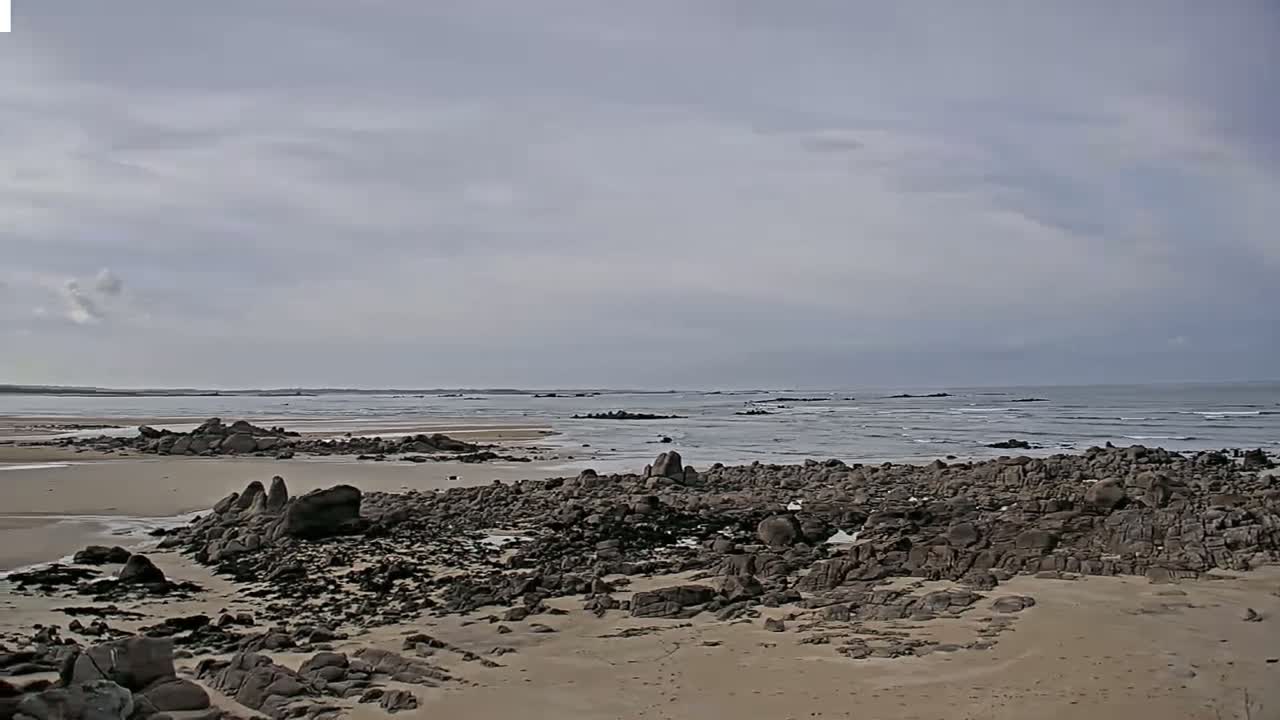 A sandy beach with dark rocks extends to a calm, gray ocean under a cloudy sky.