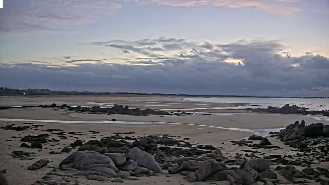 A sandy beach with dark rocks scattered across it and a calm ocean under a cloudy sky.
