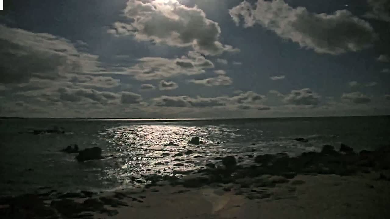 A moonlit ocean with dark clouds overhead reflects light onto dark rocks and a sandy shore.
