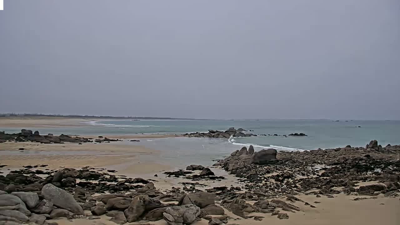 A sandy beach with dark rocks and seaweed stretches toward a calm, light-blue ocean under an overcast sky.