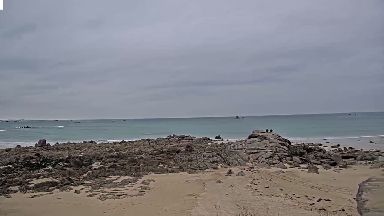 A rocky shoreline meets a calm, light teal ocean under an overcast sky.
